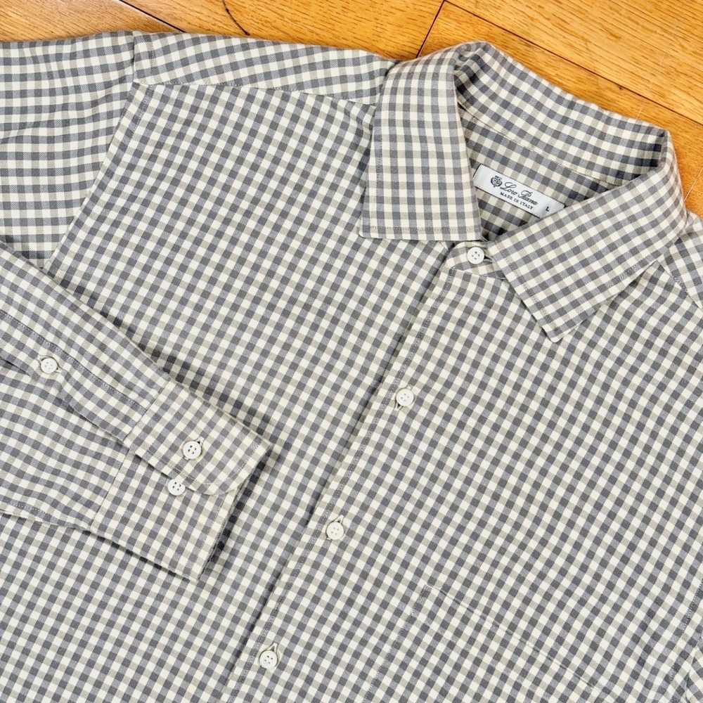 Loro Piana‎ Large Grey Flannel Gingham Cotton Button Down Shirt MAB1852